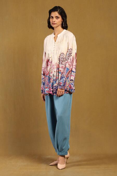 Ritu Kumar_Off White Viscose Bandeau Neck Paradise Print Pintucked Shirt_Online_at_Aza_Fashions