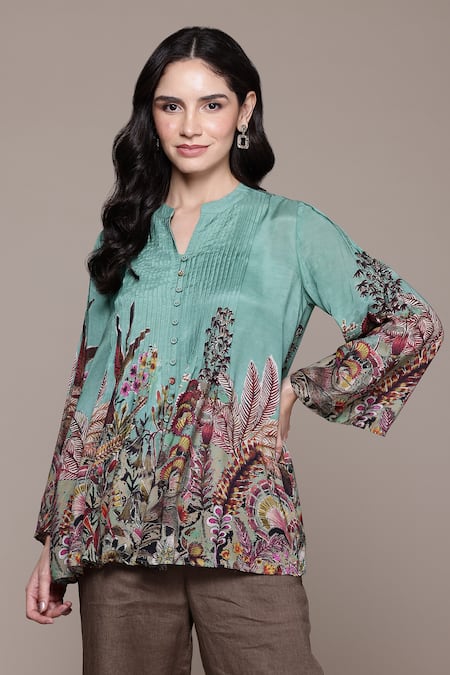 Ritu Kumar Green 100% Viscose Digital Print Paradise Band V Collar Shirt 