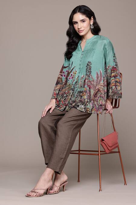 Shop Ritu Kumar Green Viscose Bandeau Neck Paradise Print Shirt Online at Aza Fashions Shop_Ritu Kumar_Green Viscose Bandeau Neck Paradise Print Shirt_Online_at_Aza_Fashions