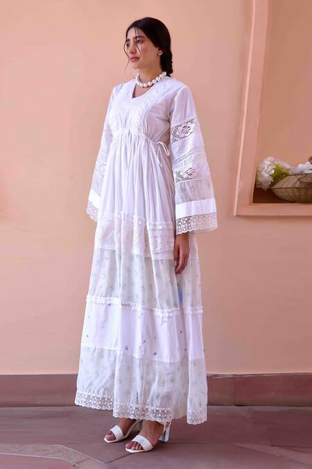 OurDve_White Cotton, Chanderi Embroidery, Lace V-neck Lucy Panelled Dress _at_Aza_Fashions