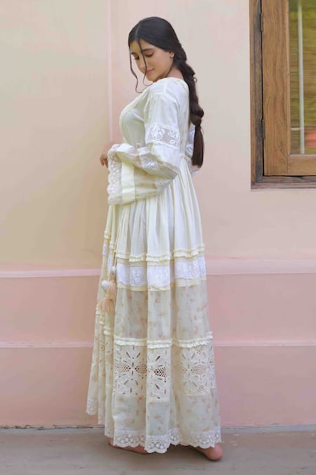 Shop OurDve Yellow Cotton, Chanderi Lace, Embroidery V-neck Lucy Layered Dress Online at Aza Fashions Shop_OurDve_Yellow Cotton, Chanderi Lace, Embroidery V-neck Lucy Layered Dress _Online_at_Aza_Fashions