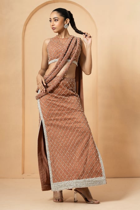 Quench A Thirst Beige Georgette Embellished Crystal Cutdana Pre-stitched Saree With Blouse 