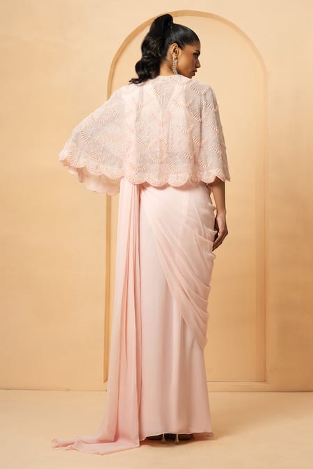 Quench A Thirst Embroidered Pre-Stitched Saree Set With Cape 