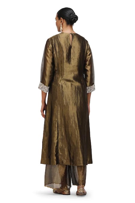 Mimamsaa_Gold Tissue, Silk Pearls, Sequins, Kala Metallic Anarkali With Sheer Panel Pant _Online_at_Aza_Fashions