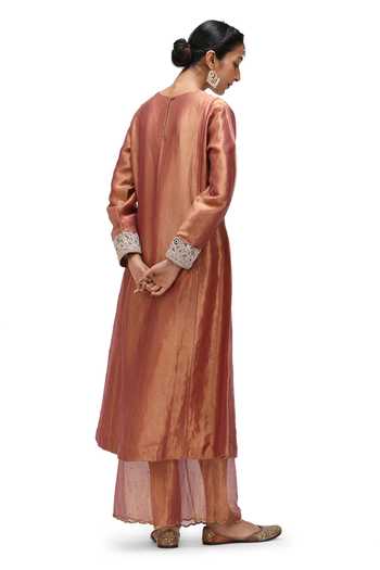 Mimamsaa_Brown Tissue, Silk Pearls, Sequins, Usha Embroidered Sleeve Anarkali With Pant _Online_at_Aza_Fashions