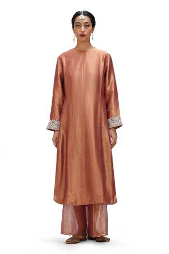 Shop_Mimamsaa_Brown Tissue, Silk Pearls, Sequins, Usha Embroidered Sleeve Anarkali With Pant _Online_at_Aza_Fashions