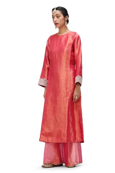 Shop_Mimamsaa_Fuchsia Tissue, Silk Pearls, Kaur Placement Embroidered Anarkali With Pant _Online_at_Aza_Fashions