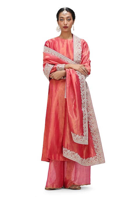 Mimamsaa Fuchsia Tissue Silk Embroidered Bead Kaur Pearl Placement Anarkali With Pant 