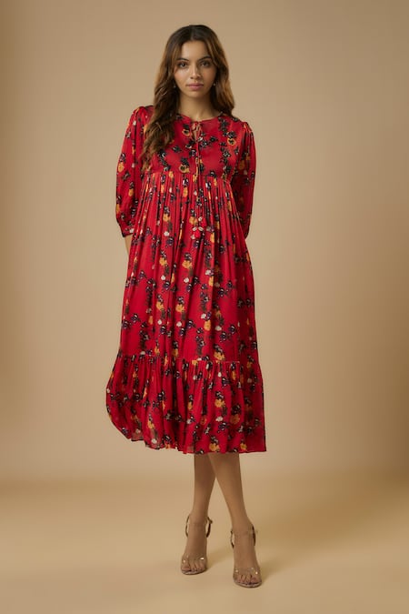 Ewoke_Red Satin, Georgette Sequins, Beads Round Neck Floral Print Tiered Dress _Online_at_Aza_Fashions