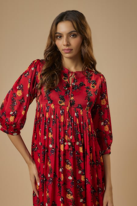 Buy_Ewoke_Red Satin, Georgette Sequins, Beads Round Neck Floral Print Tiered Dress _Online_at_Aza_Fashions