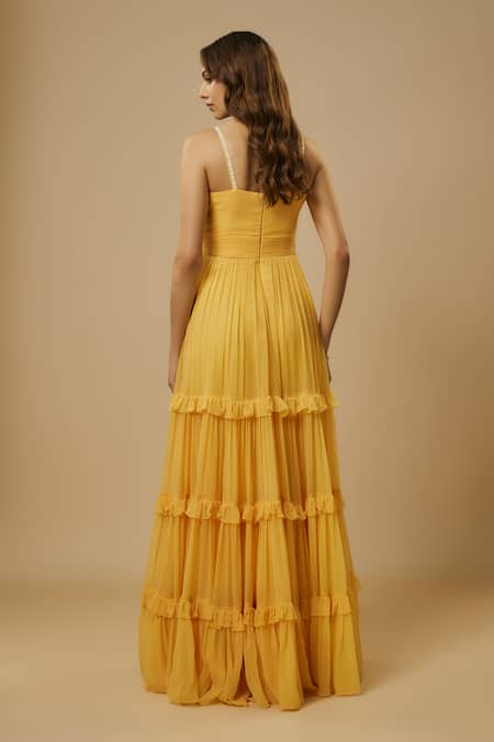 Shop_Ewoke_Yellow Georgette Beads, Sequins Sweetheart Neck Floral Embellished Tiered Gown _at_Aza_Fashions