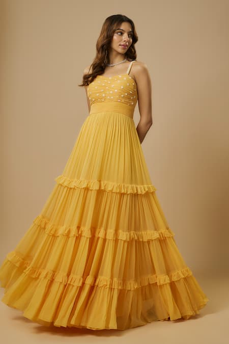 Ewoke_Yellow Georgette Beads, Sequins Sweetheart Neck Floral Embellished Tiered Gown _Online_at_Aza_Fashions