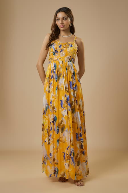 EWOKE Yellow Chiffon Satin Printed Floral Sweetheart Embellished Dress 