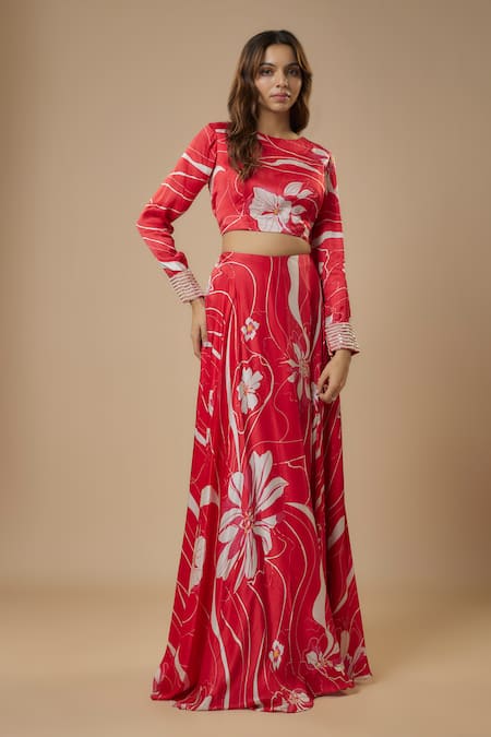 EWOKE Red Gajji Silk Printed Floral Round Abstract Lehenga With Blouse 