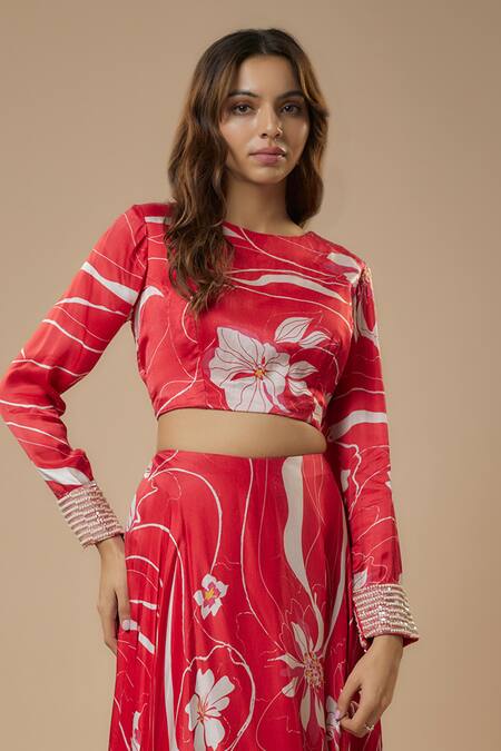 Buy_Ewoke_Red Gingham Beads, Sequins Round Neck Abstract Floral Print Lehenga With Blouse_Online_at_Aza_Fashions