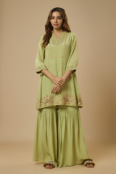 EWOKE Floral Thread Embroidered Kurta With Sharara 