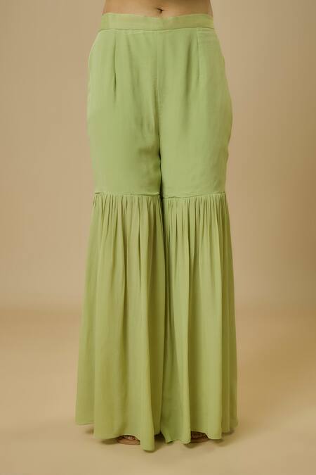 Ewoke Green Crepe Sequins, Beads V-neck Floral Thread Embroidered Kurta With Sharara Online at Aza Fashions Ewoke_Green Crepe Sequins, Beads V-neck Floral Thread Embroidered Kurta With Sharara _Online_at_Aza_Fashions