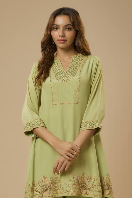 Buy Ewoke Green Crepe Sequins, Beads V-neck Floral Thread Embroidered Kurta With Sharara Online at Aza Fashions Buy_Ewoke_Green Crepe Sequins, Beads V-neck Floral Thread Embroidered Kurta With Sharara _Online_at_Aza_Fashions