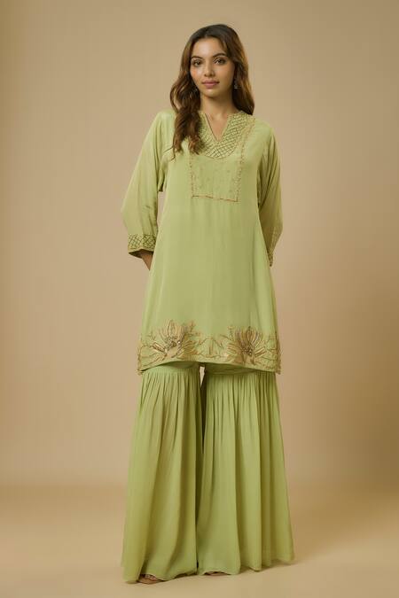 Shop Ewoke Green Crepe Sequins, Beads V-neck Floral Thread Embroidered Kurta With Sharara Online at Aza Fashions Shop_Ewoke_Green Crepe Sequins, Beads V-neck Floral Thread Embroidered Kurta With Sharara _Online_at_Aza_Fashions
