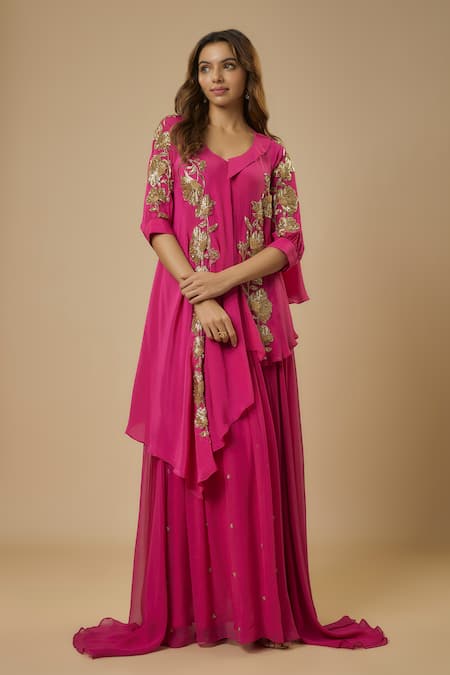 EWOKE Pink Crepe Embellished Bead Leaf Floral Kurta With Lehenga 