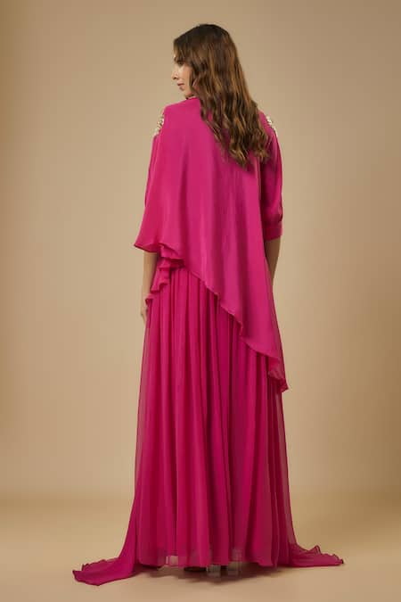 Shop Ewoke Pink Crepe, Georgette Beads, Sequins Embellished Floral Kurta With Lehenga at Aza Fashions Shop_Ewoke_Pink Crepe, Georgette Beads, Sequins Embellished Floral Kurta With Lehenga _at_Aza_Fashions