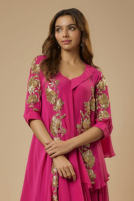 Buy Ewoke Pink Crepe, Georgette Beads, Sequins Embellished Floral Kurta With Lehenga Online at Aza Fashions Buy_Ewoke_Pink Crepe, Georgette Beads, Sequins Embellished Floral Kurta With Lehenga _Online_at_Aza_Fashions