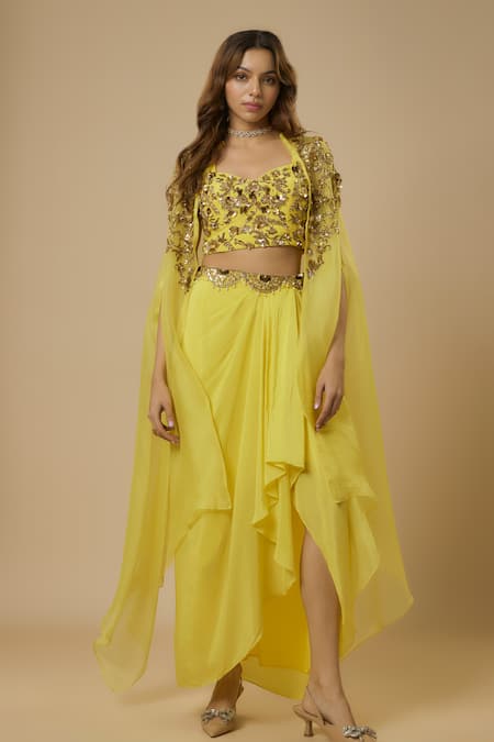 EWOKE Yellow Crepe Embellished Bead Jacket Open Floral Vine Cape Draped Skirt Set 