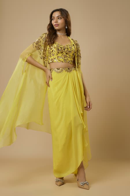 Shop_Ewoke_Yellow Organza, Crepe Beads, Floral Vine Embellished Cape Draped Skirt Set _at_Aza_Fashions