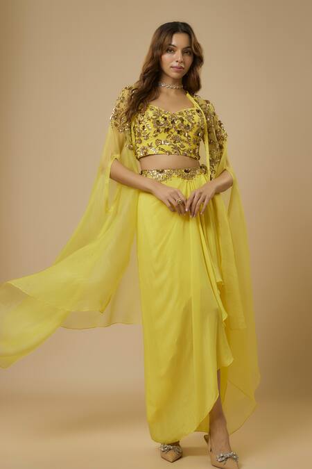 Buy_Ewoke_Yellow Organza, Crepe Beads, Floral Vine Embellished Cape Draped Skirt Set _Online_at_Aza_Fashions