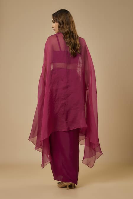 Shop Ewoke Wine Organza, Crepe Floral Embellished Scalloped Jacket Draped Skirt Set at Aza Fashions Shop_Ewoke_Wine Organza, Crepe Floral Embellished Scalloped Jacket Draped Skirt Set _at_Aza_Fashions