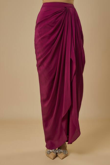 Ewoke Wine Organza, Crepe Floral Embellished Scalloped Jacket Draped Skirt Set Online at Aza Fashions Ewoke_Wine Organza, Crepe Floral Embellished Scalloped Jacket Draped Skirt Set _Online_at_Aza_Fashions