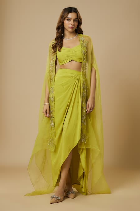 Shop_Ewoke_Green Organza, Crepe Sequins, Embellished Scalloped Jacket Draped Skirt Set _at_Aza_Fashions