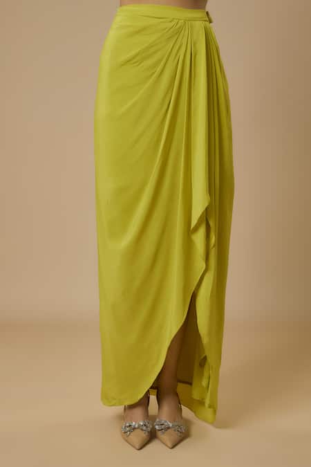 Ewoke_Green Organza, Crepe Sequins, Embellished Scalloped Jacket Draped Skirt Set _Online_at_Aza_Fashions