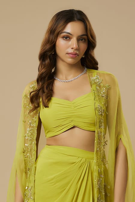 Buy_Ewoke_Green Organza, Crepe Sequins, Embellished Scalloped Jacket Draped Skirt Set _Online_at_Aza_Fashions