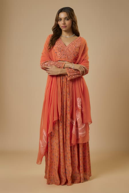 Ewoke Floral Print Mirror Work Lehenga Set 