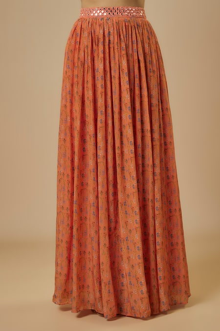 Ewoke Peach Crepe, Georgette Mirrors, Embroidery V-neck Floral Print Work Lehenga Set Online at Aza Fashions Ewoke_Peach Crepe, Georgette Mirrors, Embroidery V-neck Floral Print Work Lehenga Set _Online_at_Aza_Fashions