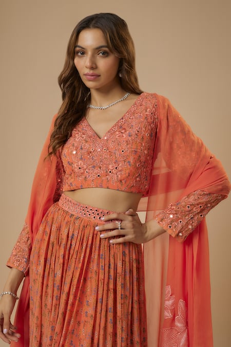 Buy Ewoke Peach Crepe, Georgette Mirrors, Embroidery V-neck Floral Print Work Lehenga Set Online at Aza Fashions Buy_Ewoke_Peach Crepe, Georgette Mirrors, Embroidery V-neck Floral Print Work Lehenga Set _Online_at_Aza_Fashions