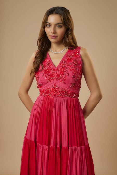Ewoke_Pink Crepe, Georgette Sequins, Beads V-neck Embellished Two-tone Tiered Dress _Online_at_Aza_Fashions