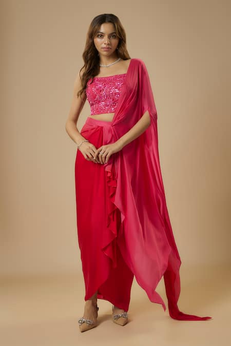 EWOKE Solid Pre-Draped Saree With Sequined Blouse 