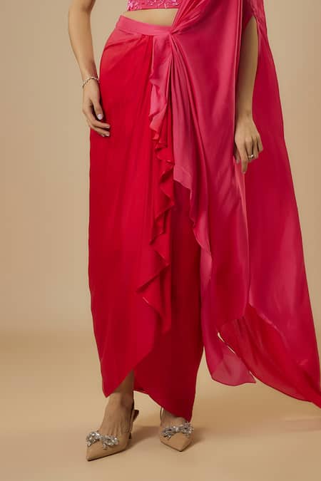 Ewoke_Pink Crepe Beads, Sequins Square Neck Solid Pre-draped Saree With Blouse _Online_at_Aza_Fashions