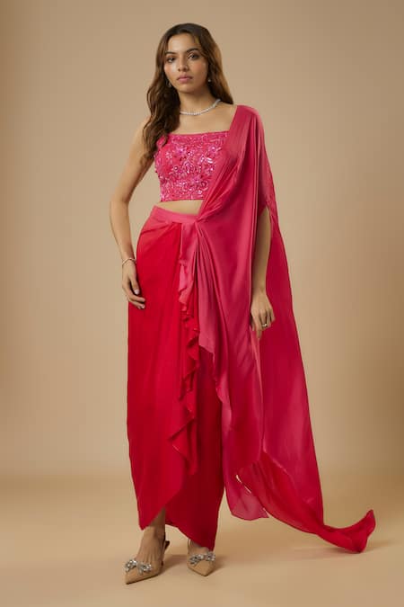 Buy_Ewoke_Pink Crepe Beads, Sequins Square Neck Solid Pre-draped Saree With Blouse _Online_at_Aza_Fashions