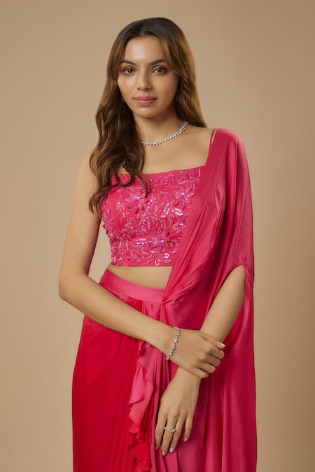 Shop_Ewoke_Pink Crepe Beads, Sequins Square Neck Solid Pre-draped Saree With Blouse _Online_at_Aza_Fashions