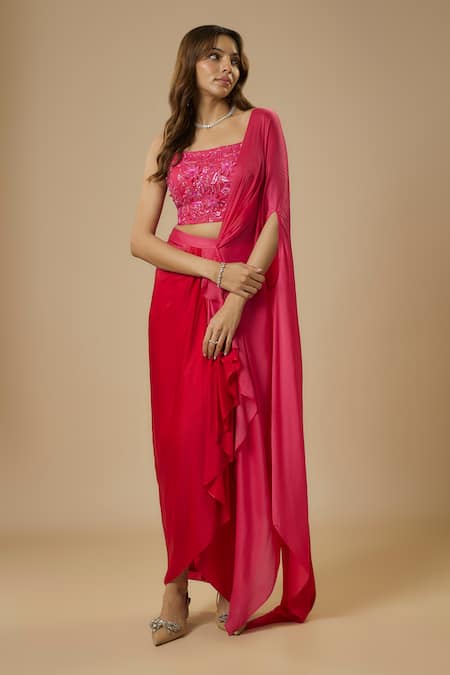 Ewoke_Pink Crepe Beads, Sequins Square Neck Solid Pre-draped Saree With Blouse _at_Aza_Fashions