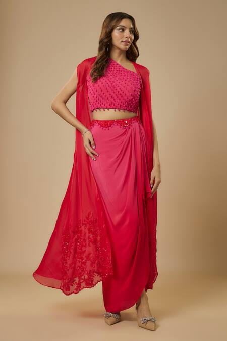 Ewoke Pink Organza, Crepe Floral Vine Embellished Jacket Ombre Draped Skirt Set Online at Aza Fashions Ewoke_Pink Organza, Crepe Floral Vine Embellished Jacket Ombre Draped Skirt Set _Online_at_Aza_Fashions