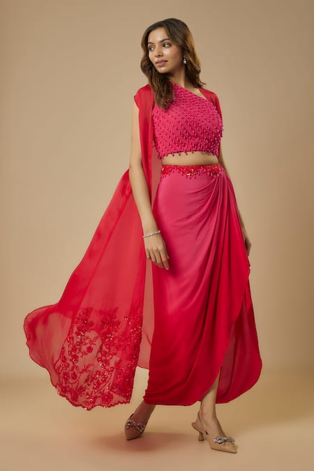 Shop Ewoke Pink Organza, Crepe Floral Vine Embellished Jacket Ombre Draped Skirt Set Online at Aza Fashions Shop_Ewoke_Pink Organza, Crepe Floral Vine Embellished Jacket Ombre Draped Skirt Set _Online_at_Aza_Fashions