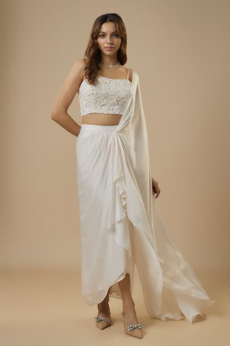 EWOKE Solid Asymmetric Pre-Draped Saree With Embellished Blouse 