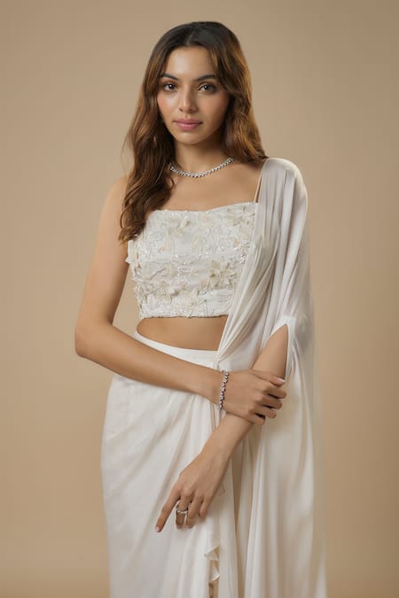 Ewoke_White Georgette, Satin Solid Asymmetric Pre-draped Saree With Embellished Blouse _Online_at_Aza_Fashions