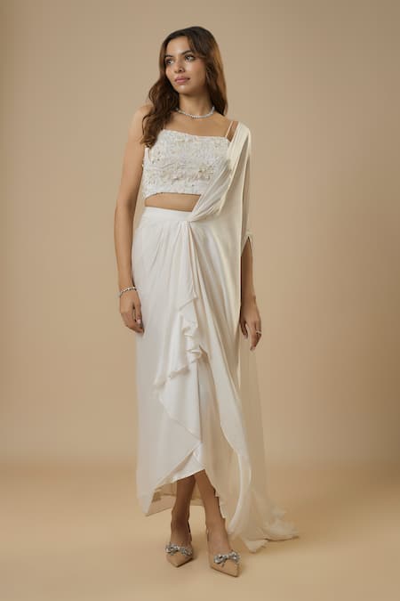 Buy_Ewoke_White Georgette, Satin Solid Asymmetric Pre-draped Saree With Embellished Blouse _Online_at_Aza_Fashions