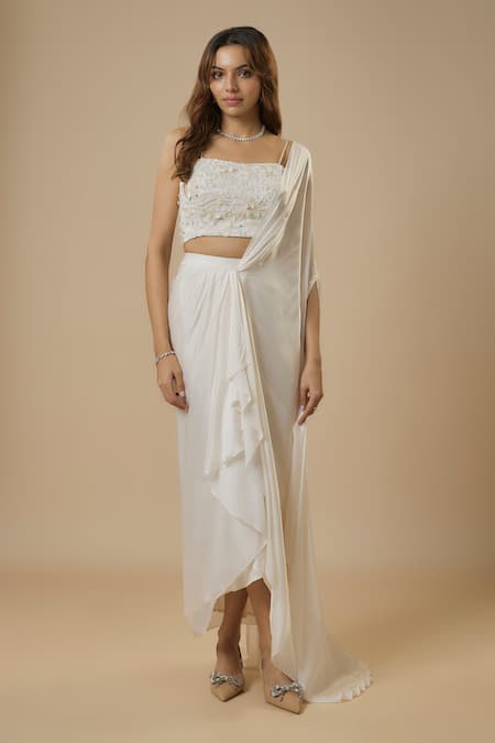 Shop_Ewoke_White Georgette, Satin Solid Asymmetric Pre-draped Saree With Embellished Blouse _Online_at_Aza_Fashions