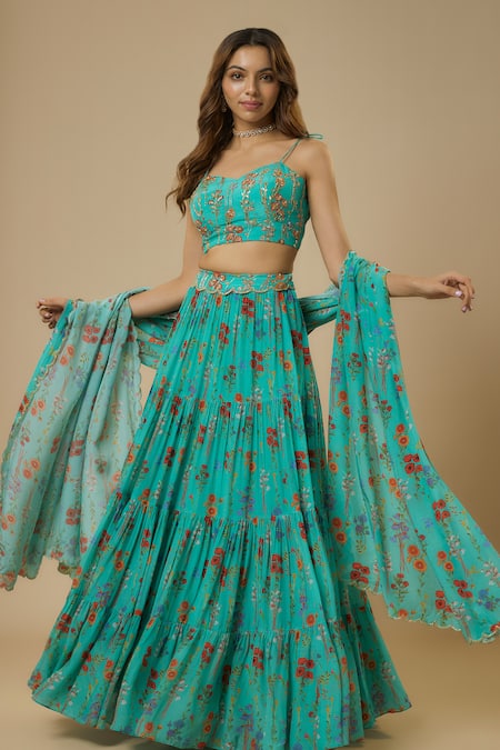 EWOKE Floral Print Tiered Lehenga Set 